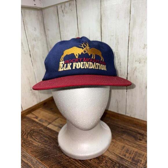Rocky Mountain Elk Foundation Hat Vintage Strapback Blue Red Elk Embroidered - Picture 1 of 7
